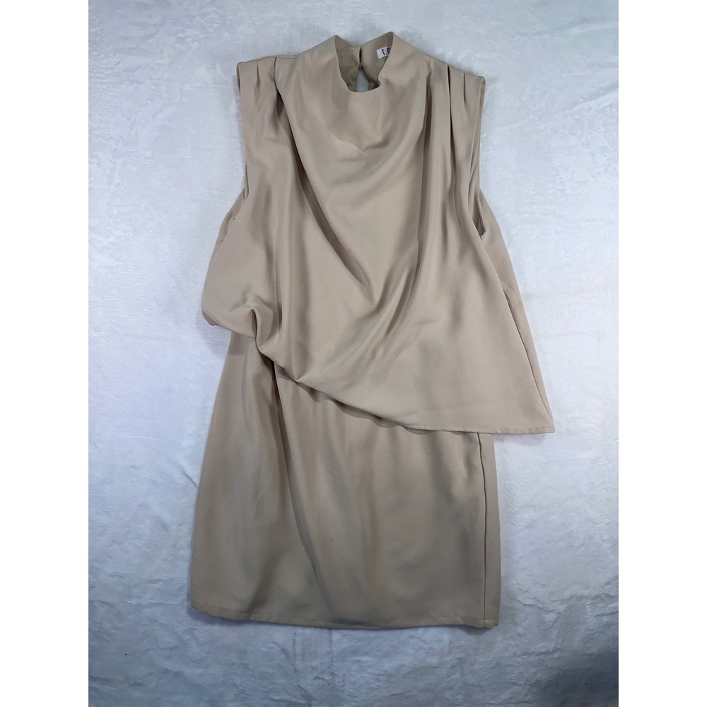 TCEC Draped‎ Overlay High Neck Mini Dress M Beige Sleeveless Cocktail Women